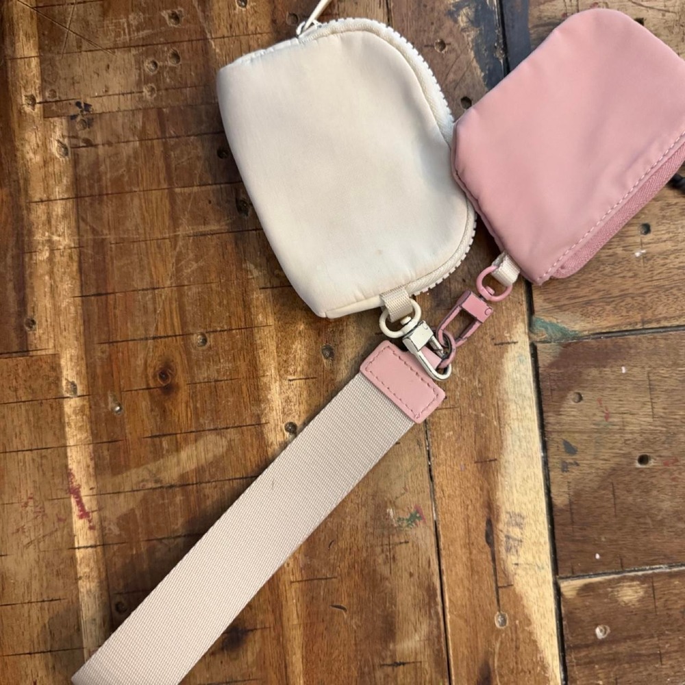 Lululemon Style Dual Pouch Wristlet Pink Cream Zippered Card Case Bag Accessory